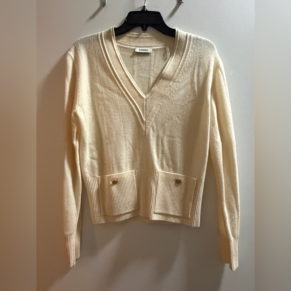 Sandro Ivory V-Neck Sweater with Front Pockets